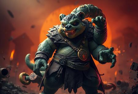 "Imagine a captivating, full-body portrait of the Magician of Black Chaos, named hy-gogg, in a dynamic action pose. The magician, with a robust and stocky build, has a full perfect face and an intriguing dipstick tail. The artwork, inspired by the style of Muqi and the badger badger, features a harmonious green and brown color palette with orange and teal lighting. Made in 2019, this artwork boasts high-resolution, 4K quality with sharp lines, stunning colors, and lifelike details. The magician stands in an attractive background, with a creative angle, intentional focus, and dynamic dramatic lighting. Rendered using Octane Render and Unreal Engine 5, this artwork reflects a cinematic dystopian atmosphere, aiming for a trending post on Artstation and CGSociety. The magician's detailed eyes and clothing, as well as the vivid emotions, powerful message, and 8k texture, make this a must-see artwork."