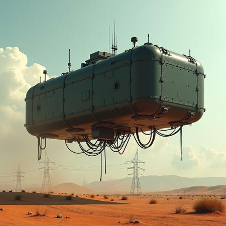 ultra high resolution, masterpiece, best quality, small featureless boxy glossy black  spacecraft with a textured surface hovering low to the ground, underneath the spacecraft are cables hoses and wires, antennas on top, cables hanging from below, rectangular in shape, futuristic world, post apocalyptic landscape, ((low concrete buildings:1.3)) anti gravity, in the atmosphere, sky, clouds, ground visible, hovering, dry, ((dusty)), bleak landscape, parched, orange light, sunlight, square shapes, bleached colors, scattered destroyed industrial buildings, powerlines and towers