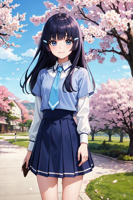 masterpiece,best quality,highres,ultra-detailed,bbreika,long hair,hairclip,nanairogaoka middle school uniform,blue necktie,blue shirt,collared shirt,(white shirt:1.2),long sleeves,white shirt under blue shirt,long sleeves under short sleeves,skirt,blue skirt,kneehighs,socks,white socks,shoes,brown footwear,<lora:aoki_reika:0.9>,outdoors,cherry blossoms,standing,cowboy shot,smile,