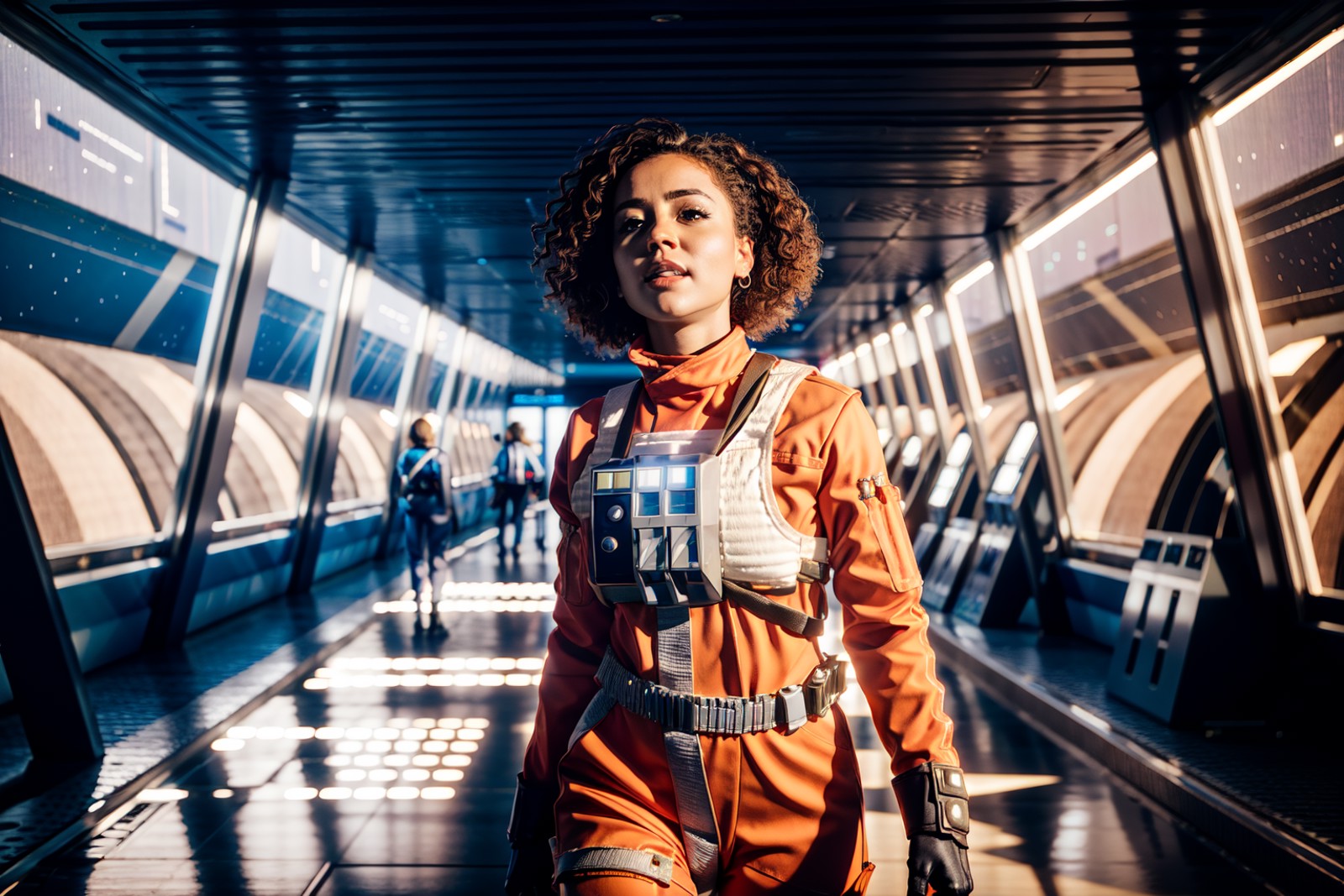 beautiful woman in rebel pilot suit,on a space station,corridor,looking at tech,thinking,masterpiece,intricate details<lor...
