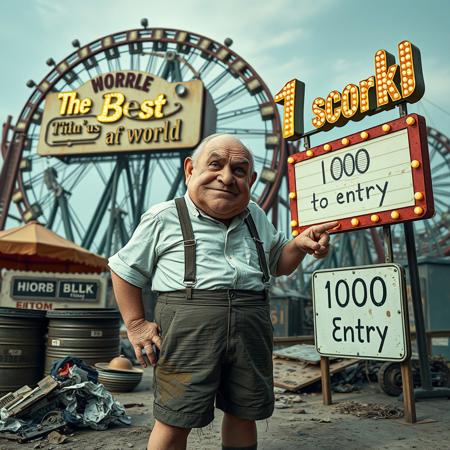score_9, score_8_up, score_7_up, a decadent amusement park, dirty, trash, dust,  a giant HORRIBLE ruined roller coster with a large sign with lights with the text "The Best in the world", some light bulbs burned out
An elderly man with a wrinkled, semi-bald face with a grimace, squinting eyes, wearing suspenders, shorts, and a dirty white shirt, mustard and ketchup stain,  pointing at a sign with the text "1000 buzz to entry"