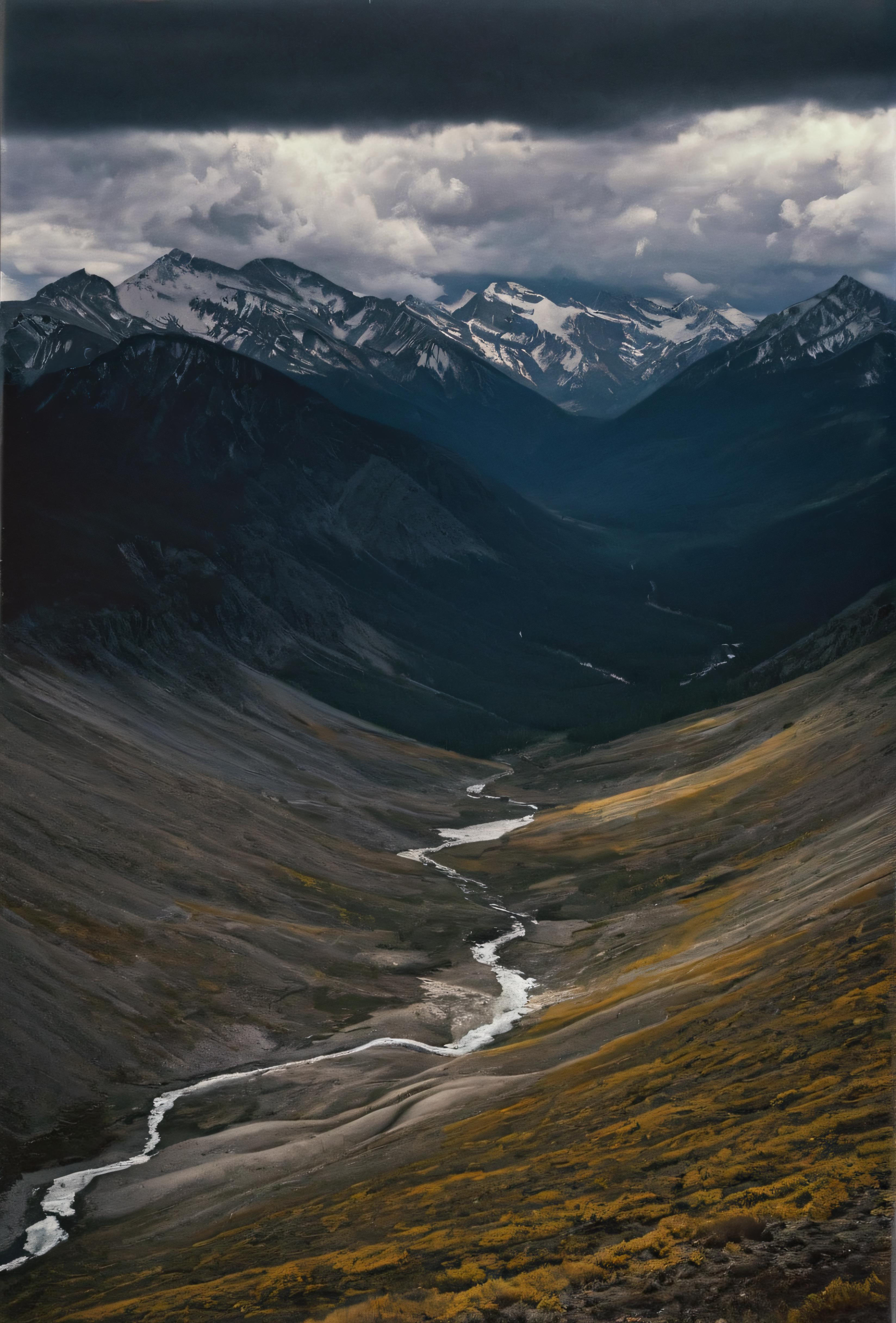 A beautiful aerial view of a valley with a river flowing through it, surrounded by majestic snow-capped mountains.