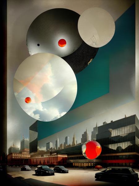 <lora:Collage:1>collage of a city with a red ball in the middle of it