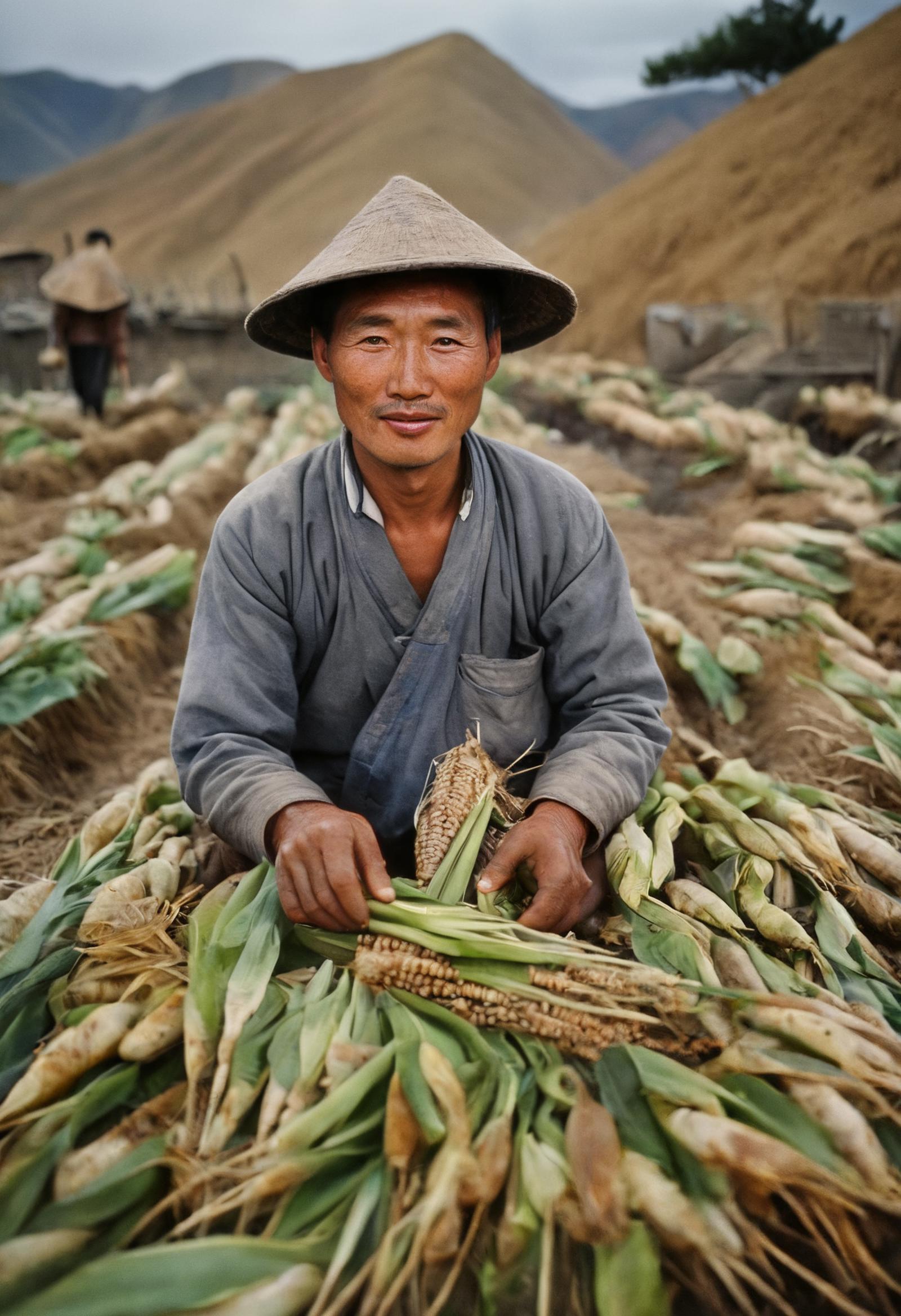 Man sitting in a field with a straw hat and a large pile of corn.