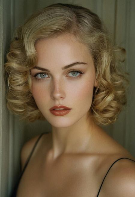 blonde woman, 1930s hair style, facing the camera, sad eyes, soft features, lighting type: soft film light, 100mm, Annie Leibovitz photography