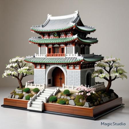 A highly detailed LEGO brick model of Dongdaemun (Heunginjimun), the historic Korean city gate, built with a mix of light grey, dark stone, and moss green LEGO pieces. The structure includes intricate curved roofs with ornate LEGO tiles, small archways, and miniature guard figures in hanbok. The surrounding walls are built with interlocking LEGO stone bricks, and tiny cherry blossom trees made from pink and brown LEGO pieces add an elegant Korean touch. The model is set on a clean display base with a nameplate labeled “Dongdaemun, Seoul.” Photographed in a well-lit museum-style setting, with soft shadows, high clarity, and macro-level details showing the texture of each LEGO brick. 8K ultra-realistic rendering, charming, playful, yet respectful to traditional architecture.