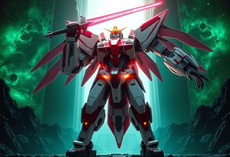 Superdimensional Robot Galaxy Destroyer, vast scale, predominantly white with crimson and obsidian metallic plating, luminous yellow head, black optics, stands centered, wielding a radiant ruby sword aloft, dynamic action pose. Background: emerald nebula green galaxy, stark cosmic gateway. Dramatic lighting, epic composition, creative low angle. Matte painting, digital art, highly detailed, Octane Render, Unreal Engine 5. CGSociety, trending on ArtstationHQ. Golden ratio, 4K, high resolution.