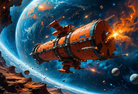 (in Tsutomo Nihei  style:1.2), high-quality, masterpiece, **(Photorealistic, detailed, intricate, hyperreal)** Create a stunning science fiction space scene in the "Blue Future" style, showcasing a vivid interplay of predominantly blue and orange tones. The scene features a futuristic space station majestically floating in deep space, visible from nearby planets. It is surrounded by a dramatic backdrop filled with swirling galaxies and vibrant nebulae in shades of blue and orange. The emptiness of space emphasizes the vastness and isolation of the environment, while the space station serves as a thriving hub of advanced civilizations amidst the cosmic expanse. Include exotic cosmic phenomena, such as distant planets and colorful star clusters, to enhance the otherworldly atmosphere, ensuring the color contrast captivates the viewer’s attention. aidmaimageupgrader High Detail, Perfect Composition, movie scenes, highly detailed. Photorealistic rendering, dramatic lighting, sharp contrast with a dark surreal atmosphere, (elaborate fine details:1.1), (hyperdetailed:1.1), (intricate details:1.0), (Refined details:1.1), (best quality:1.1), (high resolution:1.2)
