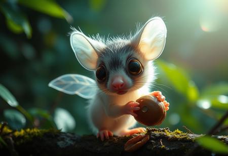 furry little translucent mammal in a rain forest zoomed in, rainbow of light reflection off dew, green and vivid colors, wild fog, large eyes, transparent body, invisible like a jelly fish, huge ears, very cute, incredibly adorable, eating a nut, fungal hair, see through, wings, amazing atmosphere, detailed background, mystical realm, floating orbs of light