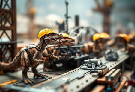 A masterpiece tilt-shift scene, photogenic soft lighting, an extremely detailed diorama photograph with vivid natural colors, showing a bunch of T-rexes dinosaurs building a metal ship at a shipyard 
Each T-rex is wearing a yellow construction helmet, and they are using their stubby little dinosaur arms to operate the heavy machinery required to build the ship, the ship is still in the early stages of construction consisting of nothing but a structure made from curved metal beams that form the skeleton of the ship, bokeh, depth of field.
4K digital photo quality, bokeh, vivid rich colors, depth of field, extremely detailed background, maximalist, life-like masterpiece realistic photo, hyper-realism, photogenic soft atmosphere, dynamic scene, absurdres, 8k photography, three point perspective, Ultra-realistic, extreme amount of details thay mimic richness of real life