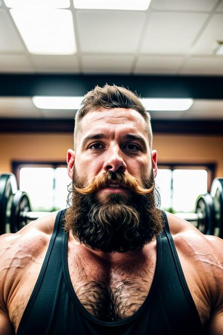 cinematic photo happy man (big muscles:1.2), beard, moustache,  winning, out of focus gym background . 35mm photograph, film, bokeh, professional, 4k, highly detailed