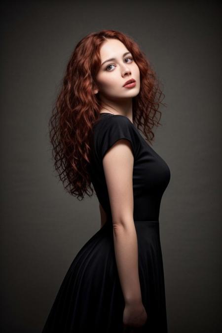 ((pitch black background)), photorealistic, perfect face, beautiful 35 year old sporty woman with beautiful long open wild curly red hair, very elegant historic evening gown, lost in romantic melancholic dreams, cute pouting, closer view