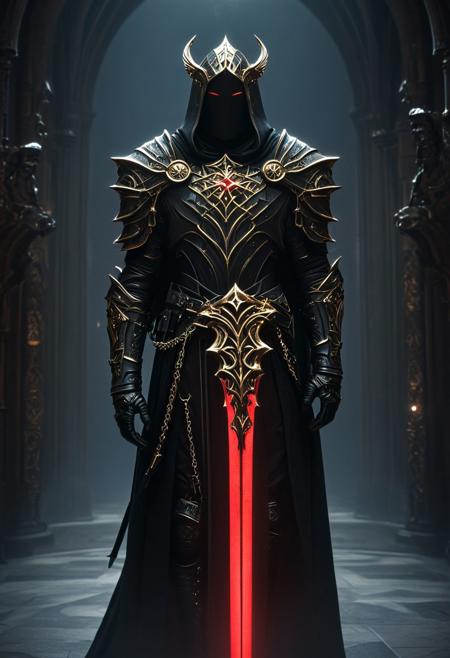 A dark and imposing figure stands in a majestic and dimly lit cathedral. The figure is clad in elaborate black Gothic armor adorned with gold-plated crosses and chains, holding a large sword in his hand (A red and black double-bladed sword with an ominous aura), giving off a religious yet sinister impression. His helmet is tall, almost bishop-like, with a faceless visor that does not reflect light, adding to the air of mystery. The figure holds a menacing staff, with a design of a spiked circular cross on top, which looks both ceremonial and like a weapon. The details of his armor include ornate carvings and mechanical components, blending medieval design with a futuristic, almost steampunk aesthetic. The atmosphere is solemn, with the dim, ethereal light from the cathedral's tall windows casting a cold glow on the dark figures, emphasizing the contrast between the shadows and the metallic details. <lora:Magic_of_Art_(FLUX).safetensors:1.0>, <lora:BeautyInEvilFlux.safetensors:0.75>,