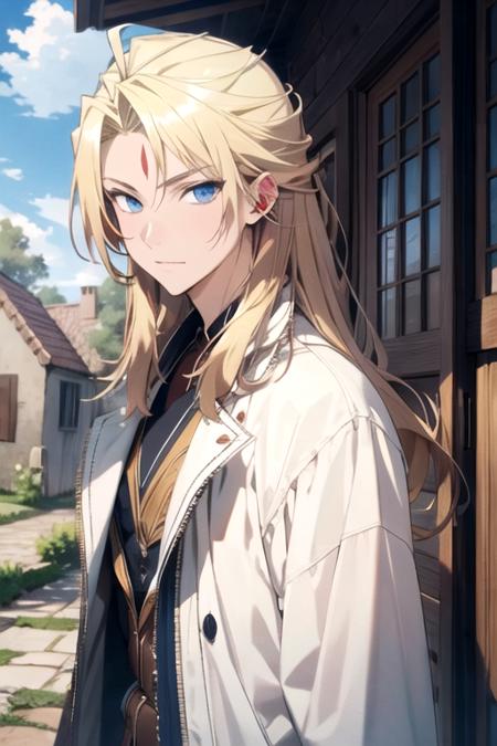 masterpiece, best quality, illustration, 1boy, solo, male focus, looking at viewer, upper body, , , , <lora:ouriku_reikenzan:0.74>, ouriku_reikenzan, blonde hair, blue eyes, long hair, , trench, HD