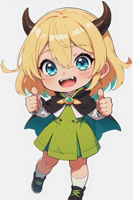 (best quality:1.3), (highres:1.1), (thick outline:1.2), cute face Kawaii. In the style of Ken Sugimori, chibi, 1girl, solo, horns, green hair, open mouth, virtual youtuber, multicolored hair, blue eyes, blonde hair, capelet, white background, fangs, chibi, black capelet, excited, simple background, brooch, happy, bangs, jewelry, two-tone hair, hair between eyes, smile, fang, white shirt, blush, upper body, looking at viewer, shirt, mid shot, full body, thumbs up