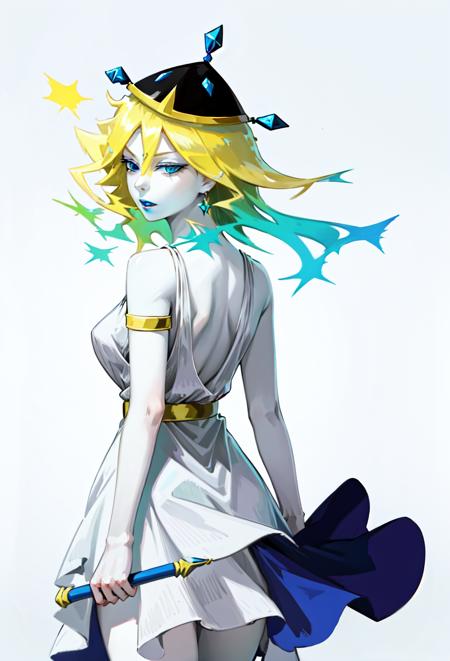 sigma pale skin, white skin, gradient hair, blue lips, blonde hair, blue eyes white dress, hat, armlet lance, shield