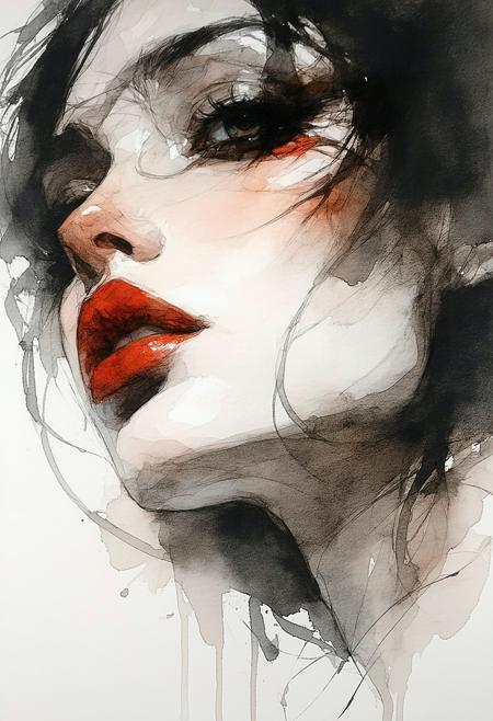 Ink art, watercolour, charcoal, realistic style. Petulant ingénue, sultry pout, teasing gaze directly challenging viewer. Intimate extreme close-up on expressive eyes, lips. Smudged charcoal background. Artistry evokes Egon Schiele's raw linework, Arthur Rackham's delicate watercolour washes. Soft directional light creates subtle chiaroscuro. Desaturated earth tones, stark black ink, muted crimson lips. Velvety charcoal smudges, translucent watercolour bleeds, matte paper. Playful defiance, intimate provocation: wisps of stray hair, knowing glint in her eyes.