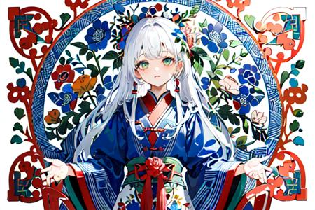 (masterpiece), (high detail),(ultra-detailed), featuring flowers and circles, blue background, multiple scattered and arranged flowers, blue and red and yellow and green color scheme, traditional chinese pattern, with square symmetrical composition,(1girl,white hair), <lora:conewloha01_old2:0.8:XYZ>