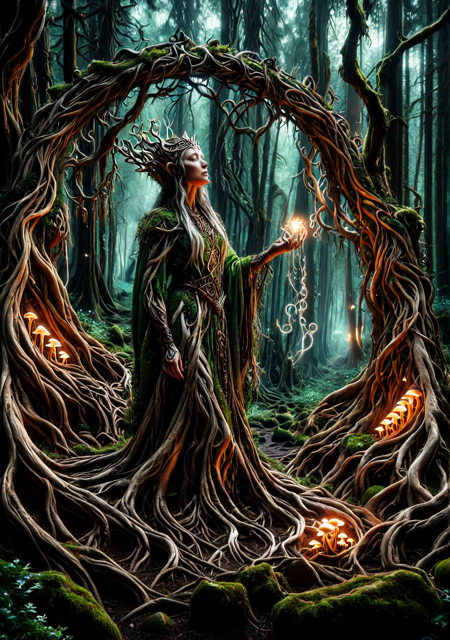 masterpiece, 8k, photorealistic, volumetric light, ultra detailed, cinematic lighting, fantasy style <lora:tree roots_0_100_V1:1>
white eyes, (wooden crown), (bark skin), (moss hair), ancient robe, (root veins), forest tattoos, graceful pose, glowing runes, pale lips, tribal rings, slender fingers, barefoot feet, earthy tones, elven ears, solemn gaze, ethereal aura, calm face, mossy lashes, (braided roots), (glowing veins), forest makeup, subtle jewelry, fragile presence, divine look, timeless features, flowing cloth, (root halo), ornamental scars, serene expression
whispering chant, levitating slightly, hands raised, leaves swirling, (summoning roots), silent invocation, subtle motion, eyes closed, posture strong, fingers extended
(twisted forest), (gnarled trees), (glowing roots), floating spores, foggy ground, ancient stones, (bioluminescent vines), soft mist, magical aura, depth of field, enchanted circle, sun rays, (glowing mushrooms)   <lora:Smooth_Booster_v3:0.7>