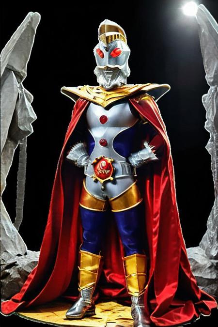 masterpiece, high quality photo, 4K, cinema, 1 boy, male focus, A shining crystal throne, UltramanKing standing in front of it, superhero, silver helmet, red glowing eyes, head ornament, silver beard ornament, silver chest armor, silver armor, navy blue rubber bodysuit, gold arm rings, gold thigh rings, silver gloves with fur, gold and silver boots, large hexagonal jewelry on chest, red buckle silver belt, silver cape, red lining, he rolls up his cape and puffs out his chest, 動作素描, actionsketch,