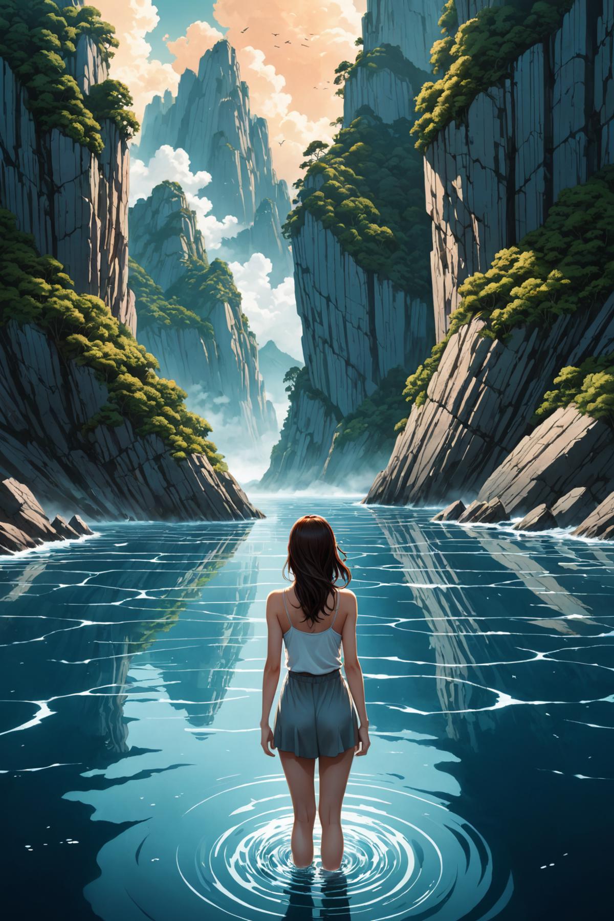 A woman standing by the water's edge in a beautiful blue lagoon.