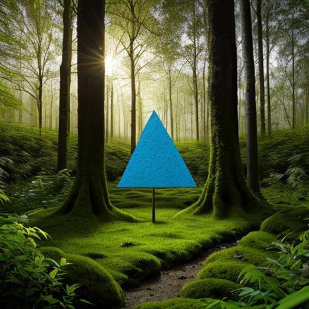 A hyper-realistic painting featuring a three-dimensional blue triangle with human eyes and a mouth, clearly expressing an emotion such as sadness or joy. The triangle should have realistic textures and lighting, making it appear as part of the physical world. It is set in a lush, vibrant forest at dawn, with sunlight filtering through dense foliage, illuminating the moss-covered ground and small wildflowers. Birds and woodland creatures add life to the serene setting. The triangle should blend seamlessly into the environment despite its surreal form, creating a striking contrast between the natural beauty of the forest and the lifelike, anthropomorphic triangle