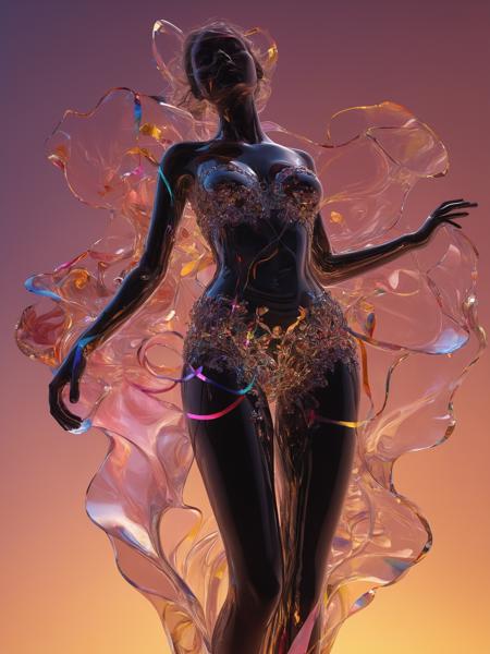 photograph, photorealistic, ultra-realistic, intricately detailed, wide angle, (fine fractal glossy vivid colored shiny contours outlines of a transparent glass girl), (upper thighs shot:1.3), surreal, gradient, windy, petals floating on the wind, swirling ribbons of ink and light. linquivera, liiv1,