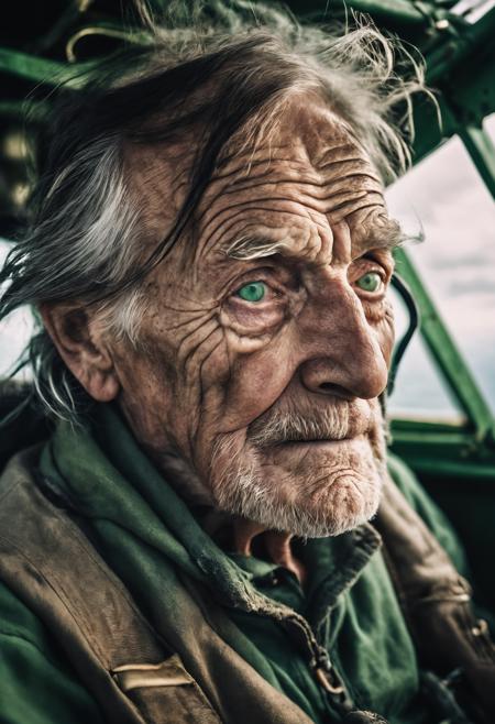 Aerial shot of an incredibly old man, with deep creases and wrinkles in his face, stunning green eyes, piloting a biplane, wild windswept long black dyed hair, cinematic film grain