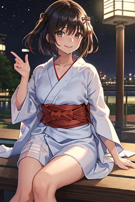 best quality, masterpiece, highres, solo, {yukata:1.40}, {kimono:1.20}, {sendai_kantaicollection:1.15}, two_side_up, brown_eyes, short_hair, brown_hair, hair_ornament, bangs, smile, serafuku, blush, black_hair, hair_between_eyes