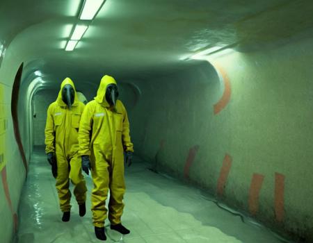 two humans scientists meets strange horror (creature: 3), humans wearing yellow hazmat suit and gazmask pictured in weirdcore aesthetic style, (gigantic), (open) liminal space underground with (slides:2) and flooded and tiles on the walls, weird, distorted <lora:weirdcore_v3-000006:1>