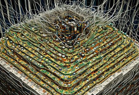abstract massive dystopian futuristic building, made of circuitery, chips and electronics, isometric pixel art, infinity deepness feeling, perspectives, complex chaotic organic structure, sculpture by Jean Dubuffet and Jean Tinguely, surrealistic electric arcs lightnings, complex masterpiece composition with divers creative areas, professionnal contemporary photography, trending on deviantart, trending on artstation,