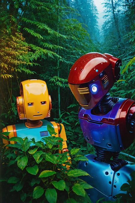 CLOSE double portrait kodachrome camera transparency
analog photo, incredible dreamscape impossible landscape vista,
film grain, dramatic lighting, (winter:1.1) in alien jungle, sci-fi, reflections,
(Romantic story of a sweet human female and a robot.:1.4), red, blue, yellow, purple