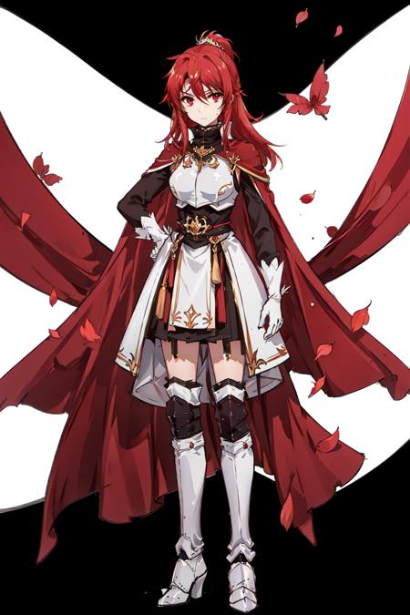 masterpiece, best quality, 1girl, solo,red hair, long hair,red eyes,<lora:Lilia-000015:0.5>, looking at viewer,  gloves, standing, full body,boots, white gloves, cape, armor, white footwear, knee boots, breastplate, flower, petal, sky, cloud, field