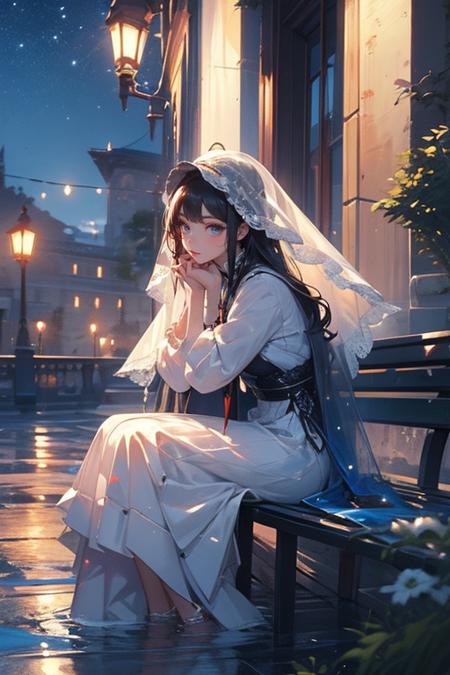 a woman in a white dress sitting on a bench next to the water at night with a veil on her head, Du Qiong, cosplay, a hologram, rococo