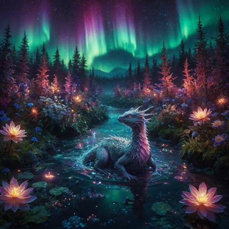 morph-aurora, aidmamj6.1,
young dragonling emerging from a pool of glowing liquid, surrounded by bioluminescent flowers, fantasy forest illuminated by northern lights, sparkling droplets in the air, dreamlike atmosphere, colorful and vibrant tones




















