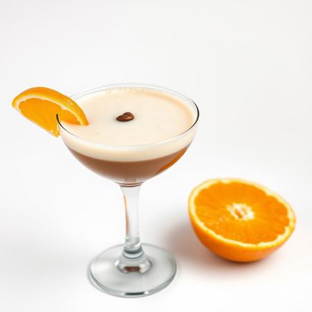 simple product Photography image on a plain, blank, pure 100% bright white background of a foamy espresso martini in a coupe glass and 3 floating coffee beans as garnish. and cut orange beside it. zoomed out.