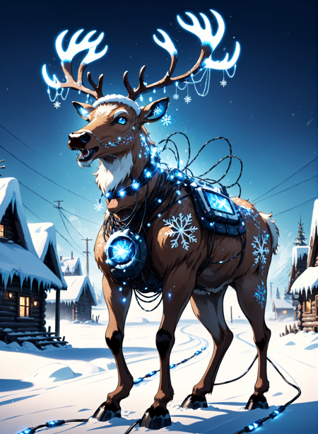 A psychotic cyborg raging reindeer covered in christmas lights in the middle of the frozen siberian tundra, blue flames,electrical wires, internet theme