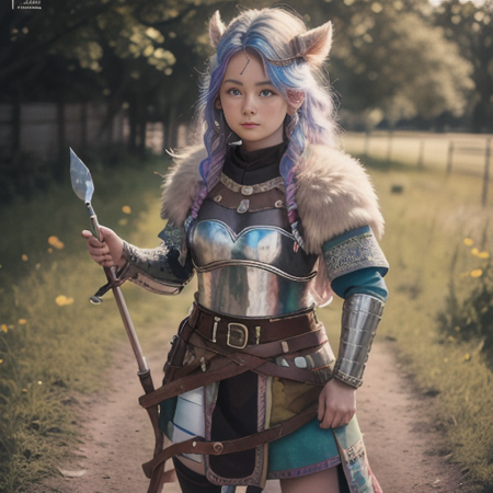 a vicking, standing in front  of medieval village, rainbow hair, full-length photo, 70mm lens, symmetrical, posing, sharp, textured skin,  realistic,intricated detailed ,(perfect fingers:1.2),  photographed by a Nikon Z7 II Camera,8k uhd,     <lora:Vicking-000006:0.8>