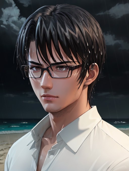 masterpiece, best quality, octane render, Kurama, on a beach at night, glasses, darkness, rain, detailed hair, insanely de...