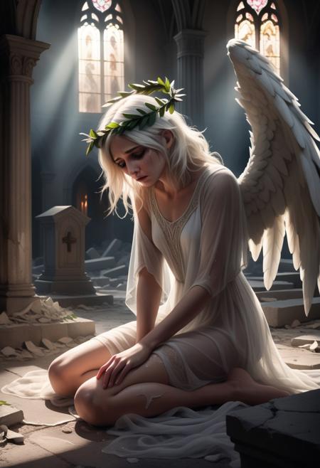 (masterpiece), (best quality), photorealistic, art, sharp focus on face, full body, 
intricate eyes, perfect, beautiful, bare legs, soft clothes, fallen angel, crying, heartbreaking, white hair, laurel wreath, transparent clothes, 
death, haze light, heavenly, cinematic, background with depth, art, ruined church,