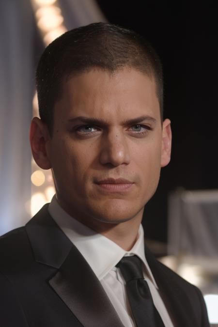 upper body portrait, w3nm1l, handsome man, looking at viewer, piercing eyes, handsome, buzz cut, short hair, at the oscars, standing in a grey suit, crowded, people in the background, amateur, candid