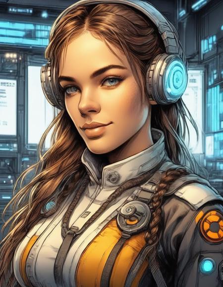 portrait of beautiful woman smile and honey-colored eyes long hair with braids overwatch design techwear look and clothes full uniform concept art background chrome paneling electric displays analog glowing buttons