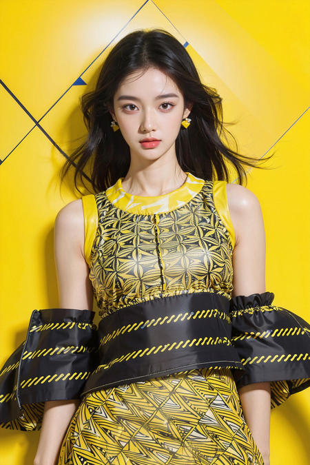 (masterpiece, top quality, best quality, ((standing in centre)), ((1girl, black hair)),  ((upper body, symmetrical composition)), ((wear yellow abstract patterns dress  bold lines, geometric shapes)),   (pure yellow abstract patterns background), ((studio light)) ((studio portrait)), emotional face,  face front, extreme detailed