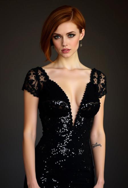 natural redhead small breasts green eyes black dress with sequins black stockings short hair elegant features dominant