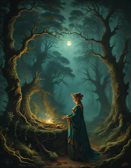 ([by Angelica Kauffmann|by Diego Rivera]:1.5), (Beneath the boughs of ancient trees, a Witch's coven gathers in a moonlit forest clearing, their spells weaving a tapestry of magic and mystery beneath the watchful gaze of the night sky.:0.5) (Forestpunk:1.3) <lora:xl_more_art-full_v1:0.5> <lora:add-detail-xl:0.7> <lora:MJ52:0.4>