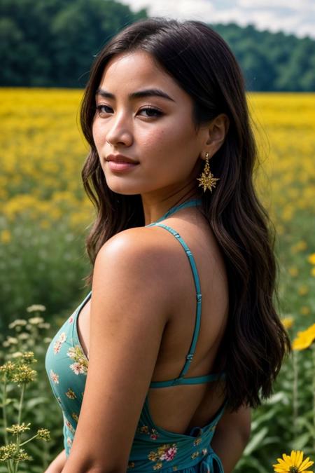 from side, Cinematic still of annasawa1, messy hair, claw pose,happy, wearing cleavage cutout, bellbottoms, star earrings,  <lora:annasawa1:1>, location is flower field, flowers, noon, realistic, Amateur Photographer, subsurface scattering, film grain, very detailed skin texture, high quality, 35mm photograph, film grain, bokeh, professional, 4k, highly detailed
