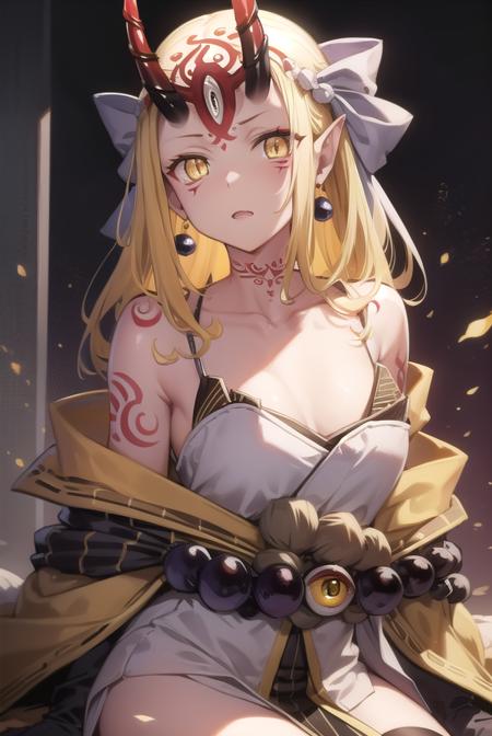 ibaraki douji, blonde hair, facial mark, fang, forehead, horns, long hair, oni, oni horns, pointy ears, (yellow eyes:1.5), earrings, japanese clothes, jewelry, kimono, leg tattoo, neck tattoo, oni, oni horns, shoulder tattoo, tattoo, yellow kimono,