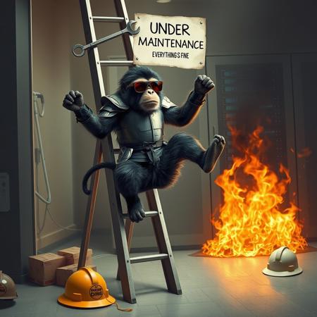 realistic, realism, surreal, monkey wearing sunglasses in armor holding a wrench, breakdancing up side down on a step ladder, in front of burning server machine, server is on fire. there are hard hats and pizza boxes on the floor, a monk is kneeling in prayer on the floor. a paper sign on the ladder say "UNDER MAINTENANCE\nEVERYTHING IS FINE"