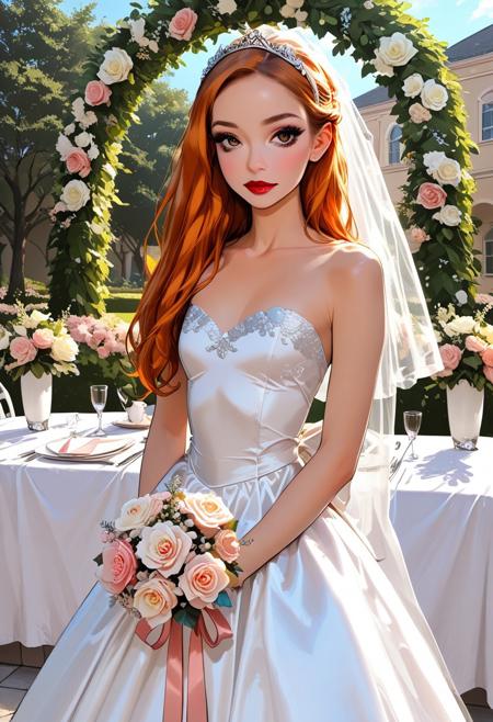 score_9, score_8_up, score_7_up, perfect anatomy,(detailed:1.1), high quality, highly detailed, ultra high resolution, 4k, (masterpiece:1.2), , (highres, best quality:1.2), outdoors, w3dd1ng, tables, bouquets, tablecloth, flower arch 1girl, 18 years old, Sandy, very long ginger hair, makeup, mascara, thick eyelashes, tiny breasts, very small breasts, petite, slim, wedding dress, bride,