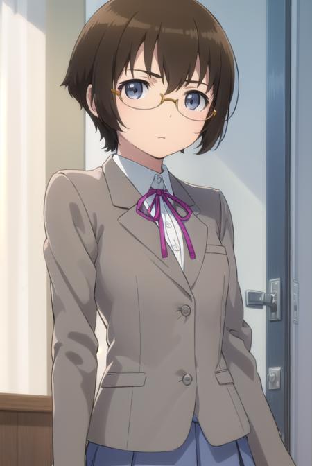 manamitamura, <lora:manami tamura s2-lora-nochekaiser:1>,
manami tamura, short hair, brown hair, (grey eyes:1.3), glasses,
BREAK skirt, school uniform, jacket, blazer, grey skirt,
BREAK indoors, classroom,
BREAK looking at viewer, (cowboy shot:1.5),
BREAK <lyco:GoodHands-beta2:1>, (masterpiece:1.2), best quality, high resolution, unity 8k wallpaper, (illustration:0.8), (beautiful detailed eyes:1.6), extremely detailed face, perfect lighting, extremely detailed CG, (perfect hands, perfect anatomy),